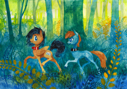 Size: 2870x2022 | Tagged: safe, artist:wolfiedrawie, derpibooru import, oc, oc only, earth pony, pegasus, pony, collar, commission, duo, forest, nature, outdoors, traditional art, tree, watercolor painting