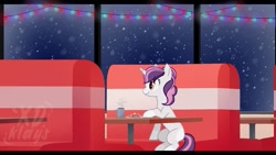 Size: 1280x720 | Tagged: safe, artist:xd.klaus, derpibooru import, oc, oc only, oc:sweetieck dreams, pony, unicorn, g4, beautiful, chair, cup, cute, daaaaaaaaaaaw, desk, dinner, female, filly, foal, horn, indoors, mare, not sweetie belle, ocbetes, room, snow, snowfall, solo, unicorn horn, vibing