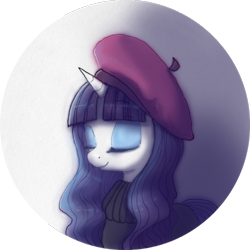 Size: 1024x1024 | Tagged: safe, artist:wolfiedrawie, derpibooru import, rarity, pony, unicorn, g4, beret, clothes, eyes closed, female, hat, horn, mare, solo, sweater, turtleneck