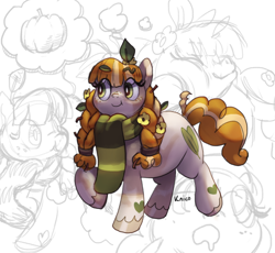 Size: 1168x1075 | Tagged: safe, artist:v-nico, derpibooru import, oc, oc only, earth pony, pony, adoptable, chubby, earth pony oc, flower, flower in hair, pigtails, scarf, solo