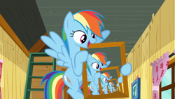 Size: 1920x1080 | Tagged: safe, derpibooru import, edit, edited screencap, editor:marefieber, screencap, rainbow dash, pegasus, pony, g4, season 8, clubhouse, crusaders clubhouse, curtains, droste effect, female, flying, happy, holding, inception, indoors, ladder, mare, open mouth, picture, picture frame, picture-in-picture, recursion, spread wings, the washouts, window, wings