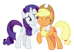 Size: 847x603 | Tagged: safe, derpibooru import, edit, edited screencap, editor:marefieber, screencap, applejack, rarity, earth pony, pony, unicorn, g4, honest apple, season 7, ^^, applejack's hat, cheek to cheek, clothes, cowboy hat, duo, duo female, eyes closed, female, frens, happy, hat, holding, holding a pony, horn, mare, png, raised hoof, raised leg, simple background, smiling, transparent background