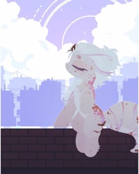 Size: 1000x1250 | Tagged: safe, artist:mifes, derpibooru import, oc, oc only, pony, brick wall, city, cityscape, cloud, eyes closed, outdoors, sitting, solo