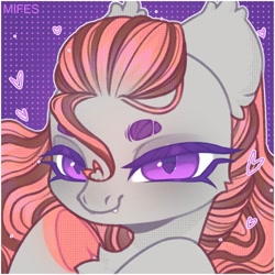 Size: 1200x1200 | Tagged: safe, artist:mifes, derpibooru import, oc, oc only, oc:alruna moonrise, pony, bust, fangs, passepartout, patterned background, portrait, solo