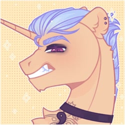 Size: 1200x1200 | Tagged: safe, artist:mifes, derpibooru import, oc, oc only, pony, unicorn, bust, ear piercing, horn, passepartout, patterned background, piercing, portrait, solo, unicorn oc