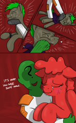 Size: 1664x2671 | Tagged: safe, artist:anonymous, derpibooru import, oc, oc only, oc:anon, oc:b positive, human, pony, 4 panel comic, beaten up, blood, blood cell, cancer, cancer cell, comic, crying, cure, female, female oc, fight, human oc, male, male oc, mare oc, micro, open mouth, open smile, ponified, punk, red blood cell, rescue, shaking, smiling, species swap, tears of joy