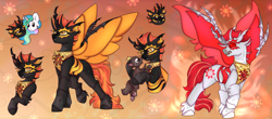 Size: 5000x2200 | Tagged: safe, artist:mariashek, derpibooru import, princess celestia, oc, oc only, oc:cleansing flame, oc:delta solaris, cat, changeling, pony, changeling oc, horn, red changeling