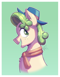 Size: 2117x2727 | Tagged: safe, artist:bkiltersot, derpibooru import, pistachio, earth pony, pony, g4, bust, clothes, freckles, fur, gradient background, green background, green eyes, green mane, hat, male, open mouth, open smile, side view, simple background, smiling, solo, stallion