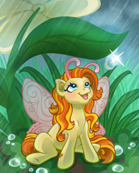 Size: 1800x2250 | Tagged: safe, artist:sparkytopia, derpibooru import, zipzee, breezie, pony, g3, antennae, fairy wings, female, flower, leaf, looking up, mare, not adagio dazzle, open mouth, open smile, orange hair, outdoors, rain, small pony, smiling, smol, solo, water, wings, yellow coat