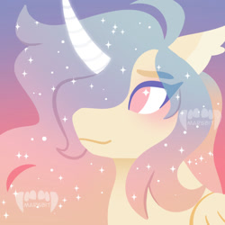 Size: 800x800 | Tagged: oc name needed, safe, artist:marsbit, derpibooru import, oc, oc only, alicorn, alicorn oc, bust, gradient background, horn, lineless, no pupils, portrait, solo, sparkly mane, watermark, wings