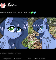 Size: 2303x2444 | Tagged: safe, artist:marbatra, derpibooru import, oc, oc only, oc:blue moon, bat pony, pony, heterochromia, leaves, meme, meta, misspelling, ponified, ponified animal photo, ponified meme, real life background, solo, species swap, twitter