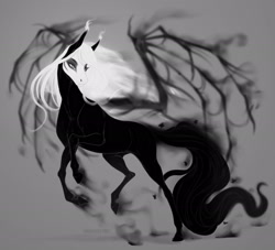 Size: 2048x1862 | Tagged: oc name needed, safe, artist:dementra369, derpibooru import, oc, oc only, pony, black and white, grayscale, hoers, monochrome, realistic horse legs, simple background, smoke, solo