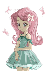 Size: 2133x3200 | Tagged: safe, artist:deedo781, derpibooru import, fluttershy, butterfly, human, equestria girls, g4, bare shoulders, blush sticker, blushing, clothes, dress, female, humanized, smiling, solo