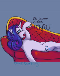 Size: 1920x2400 | Tagged: safe, artist:an25darkking, derpibooru import, rarity, pony, unicorn, fainting couch, female, horn, mare, marshmelodrama, rarity being rarity, solo, spanish, the worst possible thing