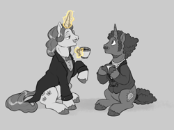 Size: 3702x2768 | Tagged: safe, artist:birdoffnorth, derpibooru import, fancypants, oc, g4, bowtie, clothes, cup, duo, duo male, facial hair, grayscale, looking at each other, looking at someone, magic, male, monochrome, moustache, necktie, partial color, shirt, sitting, stallion, stallion oc, teacup, unshorn fetlocks