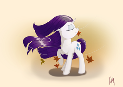 Size: 5102x3638 | Tagged: safe, artist:azilluwu, derpibooru import, rarity, pony, unicorn, autumn, autumn leaves, eyes closed, female, horn, leaves, mare, signature, smiling, solo, tail, windswept mane, windswept tail