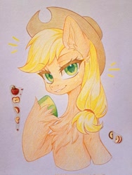 Size: 1536x2048 | Tagged: safe, artist:e-boi, derpibooru import, applejack, earth pony, pony, g4, apple, bipedal, chest fluff, cowboy hat, ear fluff, ears, female, fluffy, food, hat, human shoulders, lidded eyes, looking at you, mare, ponytail, simple background, solo, traditional art, unshorn fetlocks, white background