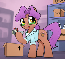 Size: 2590x2362 | Tagged: safe, artist:whiskeypanda, derpibooru import, oc, oc only, oc:rummy cup, earth pony, box, clothes, earth pony oc, indoors, jewelry, open mouth, smiling, sunglasses, tape, vest, warehouse