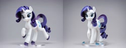 Size: 4032x1536 | Tagged: safe, ai content, derpibooru import, machine learning generated, rarity, pony, unicorn, anonymous prompter, comparison, figurine, gemstones, hoof polish, horn, photorealistic, raised hoof, raised leg, realistic, smiling, solo, unshorn fetlocks