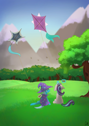 Size: 3638x5102 | Tagged: safe, artist:azilluwu, derpibooru import, starlight glimmer, trixie, pony, unicorn, duo, female, field, forest, glowing, glowing horn, horn, kite, kite flying, magic, mare, mountain, mountain range, nature, outdoors, telekinesis, tree