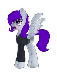 Size: 960x1280 | Tagged: safe, artist:doodle-hooves, derpibooru import, oc, oc only, oc:morning glory (project horizons), pegasus, pony, fallout equestria, fallout equestria: project horizons, black background, blushing, branded, clothes, dashite, dashite brand, eyebrows, eyebrows visible through hair, fanfic art, female, female oc, looking up, mare, mare oc, one wing out, one winged pegasus, open mouth, pegasus oc, side view, simple background, solo, transparent background, wings