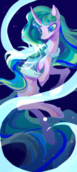 Size: 1260x2800 | Tagged: safe, artist:shiqiuzhu, derpibooru import, mistmane, pony, unicorn, blue background, curved horn, female, full body, horn, light, mare, simple background, solo