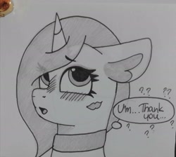 Size: 2363x2115 | Tagged: safe, artist:mashee, derpibooru import, oc, oc:mashee, pony, unicorn, g4, after kiss, blushing, bust, choker, horn, kiss mark, lipstick, monochrome, open mouth, ponysona, solo, traditional art