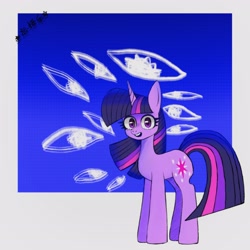 Size: 3148x3148 | Tagged: safe, artist:love-cat68, derpibooru import, twilight sparkle, pony, unicorn, blue background, eye, eyes, female, gradient background, gray background, horn, looking at you, mare, open mouth, patterned background, simple background, solo, text, two toned background