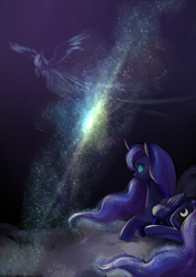 Size: 2059x2912 | Tagged: safe, artist:shu-jeantte, derpibooru import, princess luna, alicorn, pony, g4, cloud, curved horn, cutie mark, ethereal mane, female, flying, galaxy, horn, large wings, looking at you, looking back, looking back at you, lying down, mare, prone, solo, space, starry mane, stars, wings