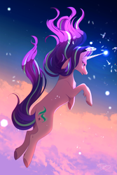 Size: 1563x2344 | Tagged: safe, artist:silberhoernchen, derpibooru import, starlight glimmer, horse, pony, unicorn, g4, autumn, beautiful, breakdown, cloud, concave belly, female, horn, magic, mare, sky, solo