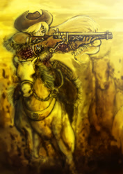 Size: 2059x2912 | Tagged: safe, artist:uzukinokaze, derpibooru import, applejack, horse, human, g4, aiming, badass, female, gun, humanized, lever action rifle, riding, rifle, solo, weapon, western