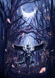 Size: 2059x2912 | Tagged: safe, artist:uzukinokaze, derpibooru import, princess luna, human, g4, armor, badass, female, forest, glowing, glowing eyes, humanized, moon, nature, night, outdoors, petals, solo, tree, winged humanization, wings