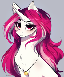 Size: 3494x4192 | Tagged: safe, artist:krissstudios, derpibooru import, oc, pony, unicorn, bust, female, gray background, horn, mare, portrait, simple background, solo