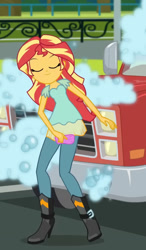 Size: 751x1284 | Tagged: safe, derpibooru import, edit, edited screencap, screencap, sunset shimmer, dance magic, equestria girls, g4, blouse, boots, clothes, cute, denim, equestria girls specials, female, high heel boots, high heels, jeans, outdoors, pants, shimmerbetes, shoes, skirt, smiling, sunsass shimmer