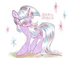 Size: 954x726 | Tagged: safe, artist:niixyx, derpibooru import, twilight sparkle, unicorn twilight, pony, unicorn, female, horn, solo, sparkles, text