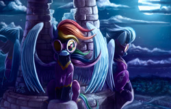 Size: 2300x1460 | Tagged: safe, artist:tsitra360, derpibooru import, nightshade, rainbow dash, pegasus, pony, g4, bad end, clothes, costume, duo, female, goggles, mare, night, nightmare night costume, shadowbolt dash, shadowbolts, shadowbolts costume, shadowbolts uniform, sitting, spread wings, wings