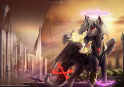 Size: 2912x2059 | Tagged: safe, artist:aidelank, derpibooru import, oc, oc only, oc:empress shi, alicorn, pony, city, clothes, empire of shi, female, magic, mare, science fiction, spaceship, structure, uniform