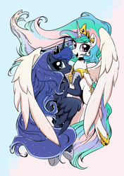 Size: 1205x1713 | Tagged: safe, artist:yukandasama, derpibooru import, princess celestia, princess luna, alicorn, pony, g4, cute, deviantart watermark, duo, female, hoof hold, hug, looking at you, mare, obtrusive watermark, siblings, sisters, watermark, winghug, wings