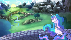 Size: 3265x1837 | Tagged: safe, artist:mentotoothpicks, derpibooru import, princess celestia, alicorn, pony, g4, 4everfreebrony, ear fluff, ears, female, lake, looking at something, mare, mountain, no pupils, scenery, solo, tree, water, waterfall