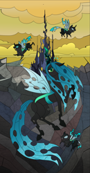 Size: 1769x3389 | Tagged: safe, artist:kanochka, derpibooru import, queen chrysalis, changeling, changeling queen, g4, crown, female, jewelry, raised hoof, raised leg, regalia, stained glass