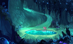 Size: 3000x1825 | Tagged: dead source, safe, artist:bananitryi, derpibooru import, pinkie pie, earth pony, pony, g4, too many pinkie pies, cave, female, mare, mirror pool, reflection, scene interpretation, scenery, scenery porn, solo