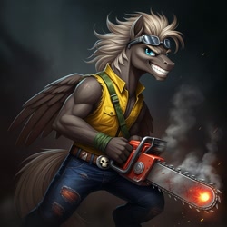 Size: 1024x1024 | Tagged: safe, ai content, derpibooru import, machine learning generated, dumbbell, anthro, pegasus, bandolier, buzzer (gi joe), chainsaw, clothes, cosplay, costume, denim, dreadnoks, evil smile, g.i. joe, generator:google imagen 3.0, gradient background, jeans, male, muscles, muscular male, pants, prompter:zerowinger, ripped jeans, ripped pants, smiling, solo, torn clothes, vest