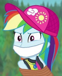 Size: 257x316 | Tagged: safe, derpibooru import, edit, edited screencap, screencap, rainbow dash, human, equestria girls, forgotten friendship, g4, bondage, cloth gag, clothes, cropped, equestria girls specials, gag, hat, jewelry, necklace, outdoors, rope, rope bondage, solo, swimsuit