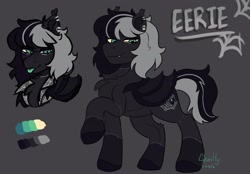 Size: 4000x2788 | Tagged: safe, artist:ghastlyexists, derpibooru import, oc, oc only, oc:eerie, bat pony, pony, coat markings, ear piercing, earring, gray background, jewelry, male, piercing, reference sheet, simple background, smiling, socks (coat marking), stallion, two toned mane