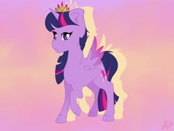 Size: 2048x1536 | Tagged: safe, artist:galaxyscreamer, derpibooru import, twilight sparkle, twilight sparkle (alicorn), alicorn, pony, g4, abstract background, chibi, cloven hooves, colored wings, crown, female, gradient background, gradient wings, jewelry, mare, raised hoof, raised leg, regalia, solo, wings