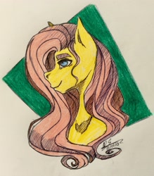 Size: 1695x1936 | Tagged: safe, artist:galaxyscreamer, derpibooru import, fluttershy, pony, g4, bust, female, mare, profile, proud, smiling, solo, traditional art