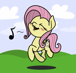 Size: 2048x1968 | Tagged: safe, artist:ewoudcponies, derpibooru import, fluttershy, pegasus, pony, g4, blush sticker, blushing, cute, eyes closed, female, mare, music notes, open mouth, open smile, shyabetes, smiling, solo, trotting