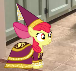 Size: 669x628 | Tagged: safe, derpibooru import, edit, apple bloom, earth pony, pony, for whom the sweetie belle toils, g4, apple bloom's bow, bow, clothes, cute, dress, dressup, hair bow, happy, hat, hennin, long sleeves, princess, princess apple bloom, smiling