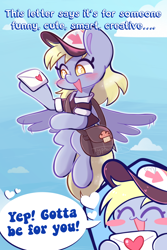 Size: 1200x1800 | Tagged: safe, artist:typhwosion, derpibooru import, derpy hooves, pegasus, pony, bag, blushing, bronybait, cap, clothes, cloud, cute, derpabetes, female, flying, hat, letter, looking at you, mailbag, mailmare, mailmare hat, mailmare uniform, mare, open mouth, palindrome get, positive ponies, shirt, sky, smiling, smiling at you, solo, text