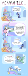 Size: 1024x2779 | Tagged: safe, artist:me-beef, derpibooru import, princess celestia, princess luna, zephyr breeze, alicorn, pegasus, pony, g4, bipedal, bloodshot eyes, coffee mug, comic, dialogue, female, high, male, mare, mug, newspaper, s1 luna, sitting, speech bubble, stallion, throne, throne room, trio